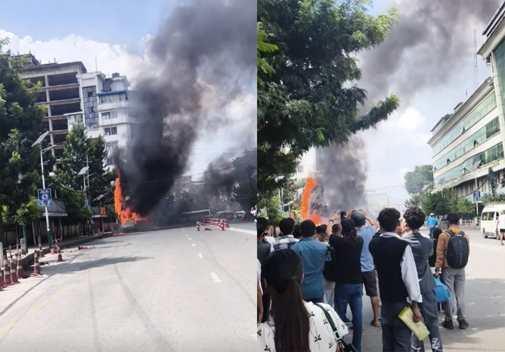 त्रिपुरेश्वरमा यात्रुवाहक बसमा आगलागी, चालक घाइते